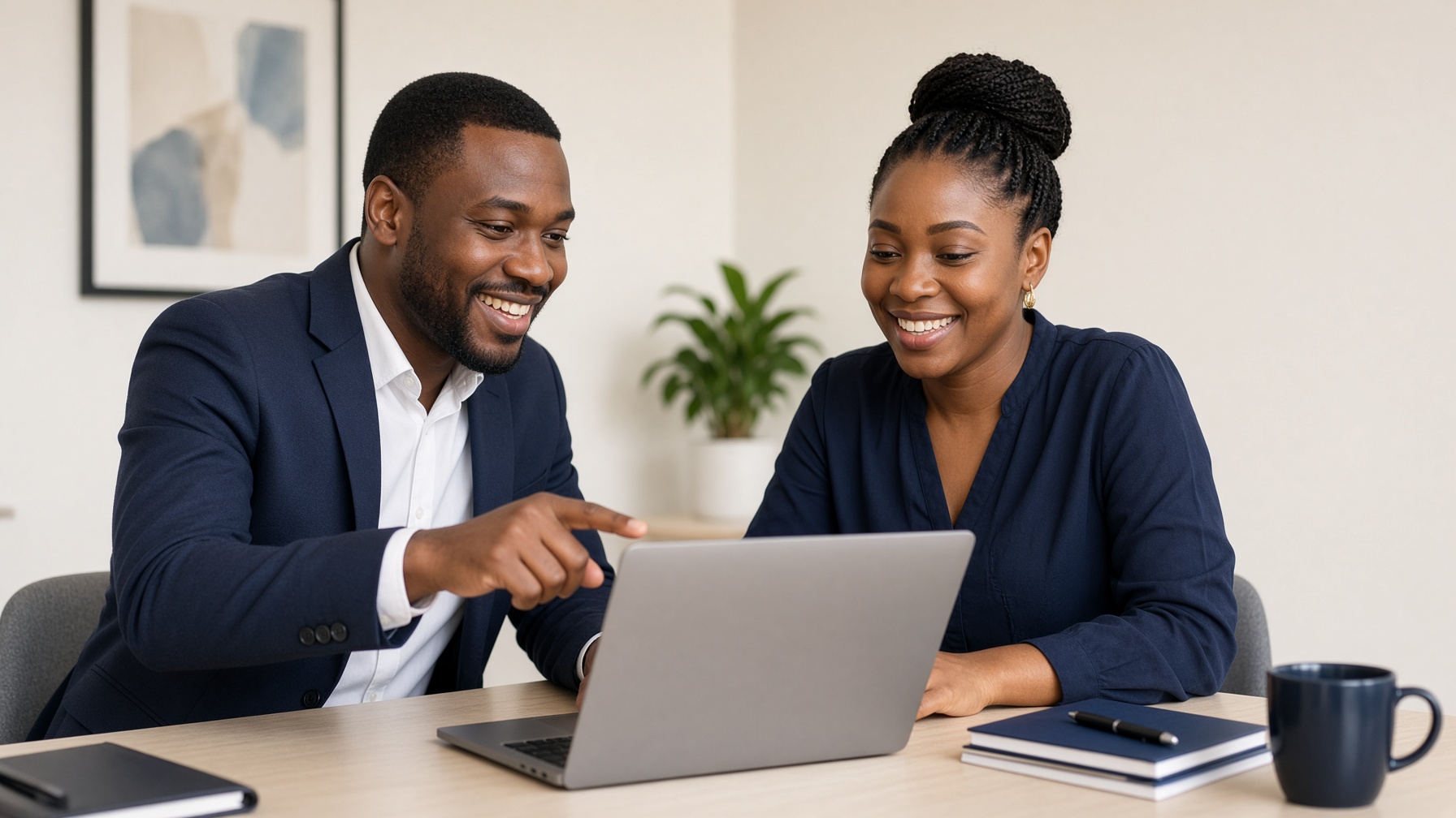 Two professionals reviewing an alumni plan on a laptop